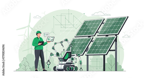 Sustainable energy development with robotic maintenance of solar panels and wind turbines,