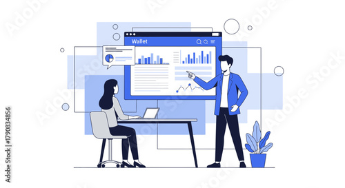 Teamwork analyzing wallet statistics data and financial growth at a presentation session