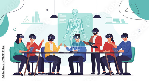 Virtual reality healthcare education: Medical professionals collaborating in immersive environment