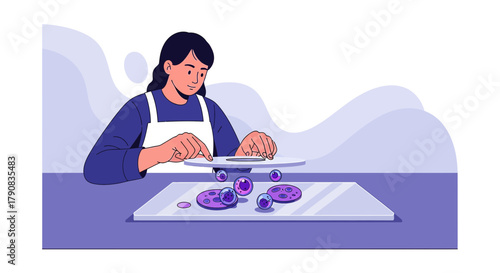 Woman creating abstract art with liquid and petri dishes in laboratory environment
