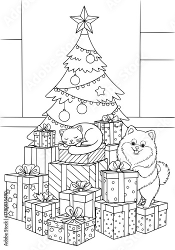 sleeping cat and restless pomeranian dog on gift boxes. coloring book