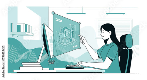 Woman interacting with a holographic interface for industrial design on her computer at home