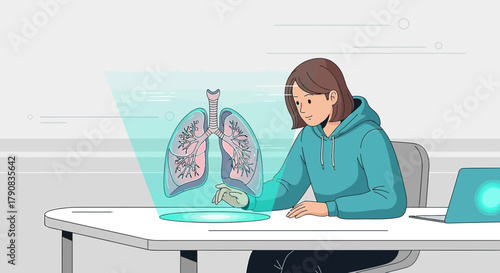 Woman Interacting with Holographic Lungs Displaying Future Medical Innovation