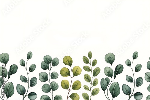 Watercolor eucalyptus leaves border on white background