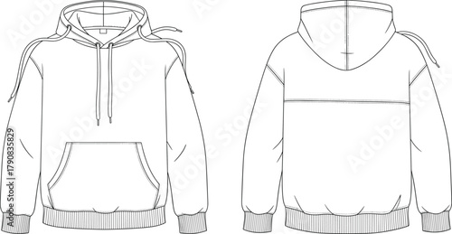 Hoodie front and back flat sketch, pullover sweatshirt with kangaroo pocket drawstring hood ribbed cuffs hem seam detail, apparel technical drawing cad vector