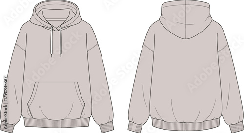 Hoodie front and back flat sketch, pullover sweatshirt with drawstring hood kangaroo pocket ribbed cuffs hem, apparel technical drawing cad vector