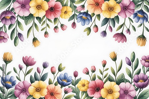 Vibrant watercolor floral border with greenery and buds
