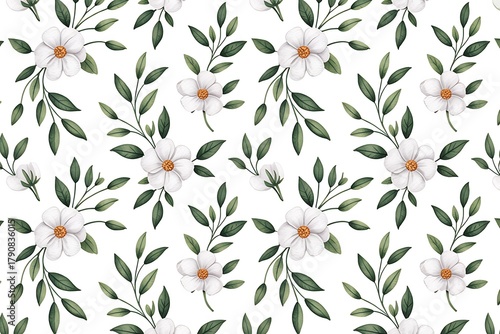 Delicate white flowers and green leaves seamless pattern