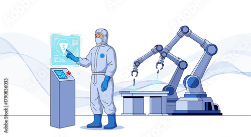 Worker in Hazmat Suit Interacting with Automated Robotic Arms in a Cleanroom Setting