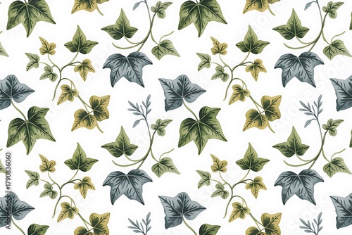 Seamless pattern of watercolor ivy leaves and vines