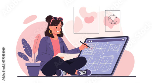 Young female designer working on geometric sketches on tablet illustration style design with