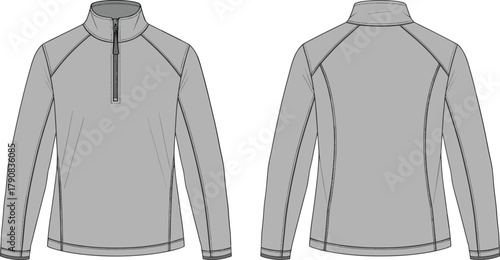 Half zip pullover sketch, front and back views, high collar, raglan sleeves, seam lines, tailored fit, zip detail, apparel specification, flavector