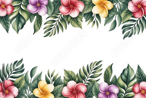 Vibrant watercolor tropical flowers and leaves border