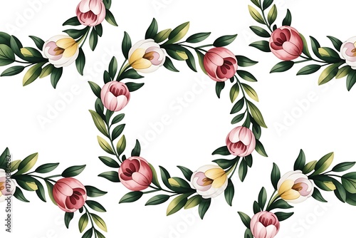 Watercolor floral wreath pattern with pink and yellow flowers