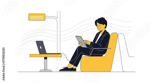 Young professional working remotely in a modern and minimalist workspace illustration