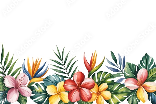 Tropical floral border with exotic flowers and leaves