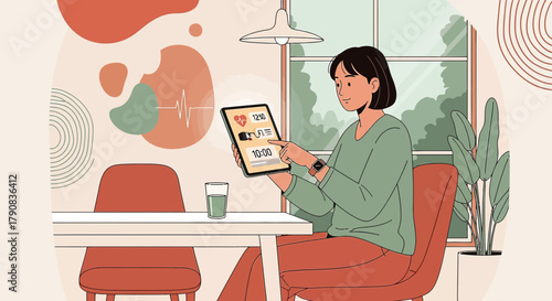 Young woman interacts with health app on tablet at home providing health data insight