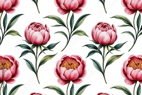 Seamless watercolor pink peony floral pattern