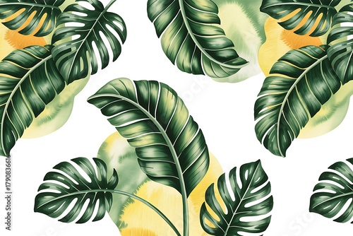 Watercolor tropical leaves pattern with yellow accents