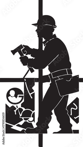 Skilled craftsman silhouette with hammer and hard hat at work