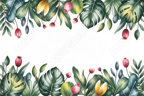 Tropical jungle leaves and flowers border design