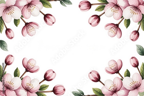 Delicate pink cherry blossoms frame white background