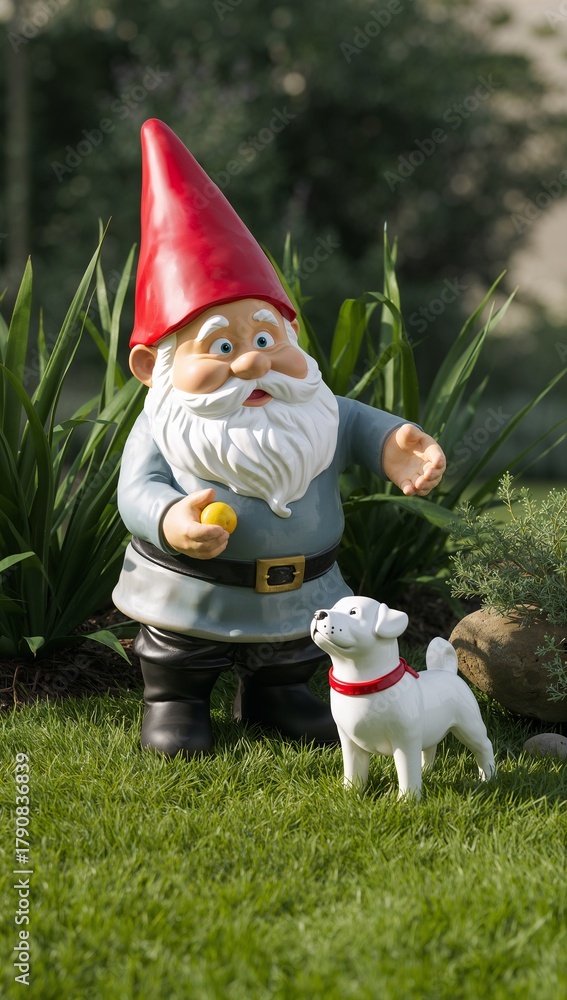 Obraz premium Garden gnome and small dog in a vibrant garden