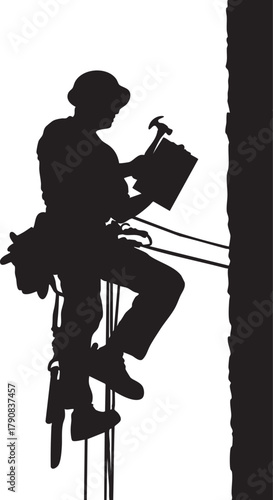 Isolated worker silhouette with hammer and clipboard hard hat