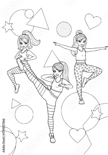a group of girls at an aerobics class. coloring book