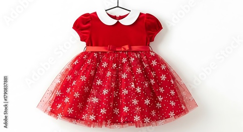 Red dress with snowflakes hanging on black hanger for holiday season