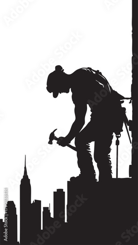 Silhouette of a dedicated worker hammering on a rooftop in a city