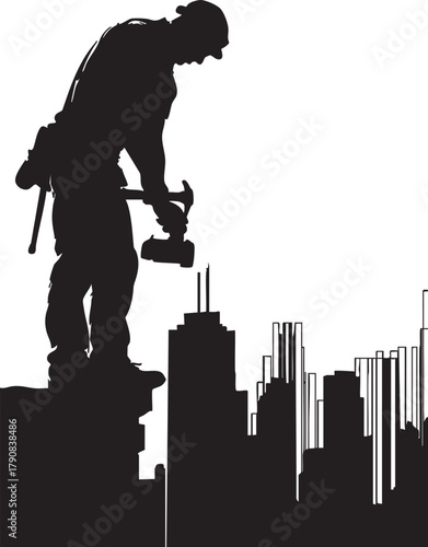 Construction worker silhouette on city rooftop, holding tools.