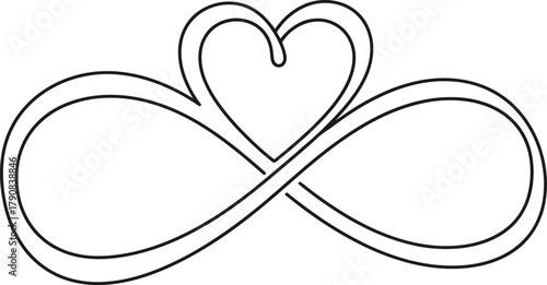 A simple black and white line drawing of an infinity symbol intertwined with a heart, representing eternal love and connection