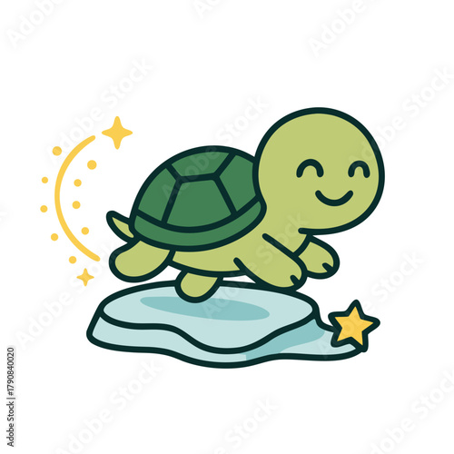 Cute Turtle Sliding on Ice with Star, Festive Winter Mascot