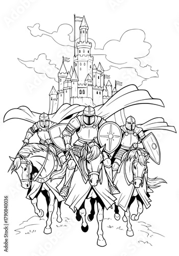Medieval knights ride horses. coloring book