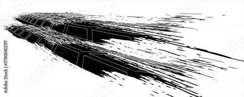 Tire tread marks, wheel textures, tire marks - car racing, motocross, drift, rally, off-road and others. Vector black isolated texture in grunge style with splashes.eps10