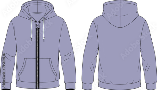 Zip hoodie sketch, fashion flat drawing, front back view, garment design template, drawstring hood vector, apparel illustration, flavector