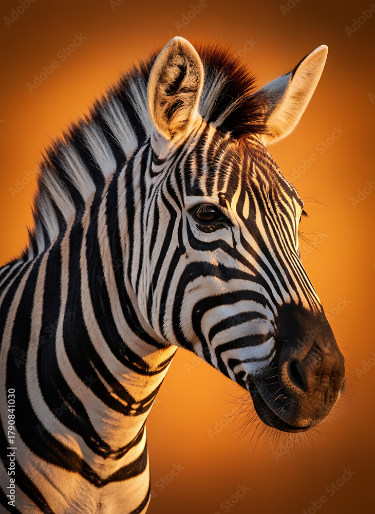 Fototapeta premium Zebra Close-Up Portrait on Vibrant Orange Background
