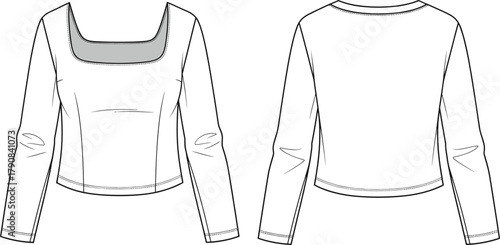 Women's square neckline top technical flat, long sleeve fitted bodice, contrast inner panel, contour seams darts, front and back views, flavector