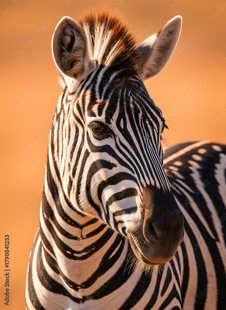 Fototapeta premium Zebra Close-Up Portrait on Vibrant Orange Background