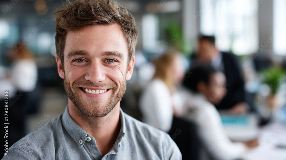 Fototapeta premium Close up of corporate worker in business casual smiling at camera, blurred office background, professional portrait, with copy space