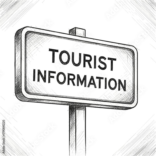 A quaint sketch of a tourist information sign on a post in monochrome