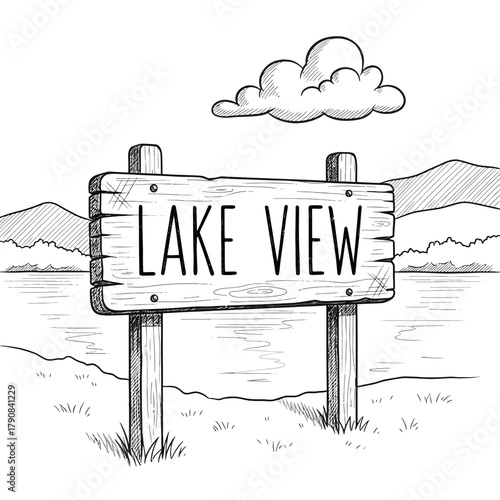 A serene illustration of a wooden sign pointing towards a peaceful lake view