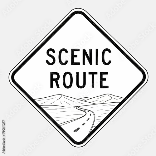 Artistic hand drawn scenic route sign illustration with mountain landscape