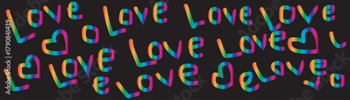Vibrant letters spell love and hearts showcasing a rainbow gradient against black backdrop