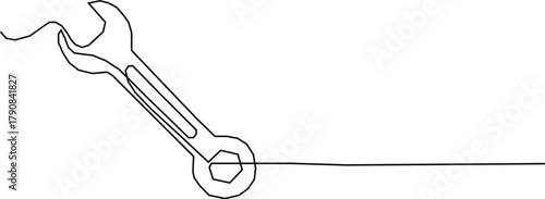 Mechanical wrench in one continuous line drawing black color isolated on white background. Style of self drawing, Adjustable wrench continuous one line drawing.