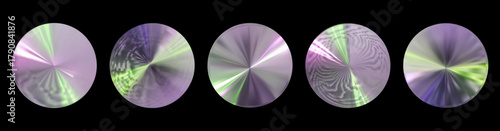 Five Brushed Metal Discs with Radial Texture. Сollection of holographic  stickers. 