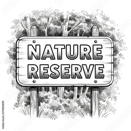 Hand-Drawn Nature Reserve Sign Surrounded by Trees and Lush Vegetation