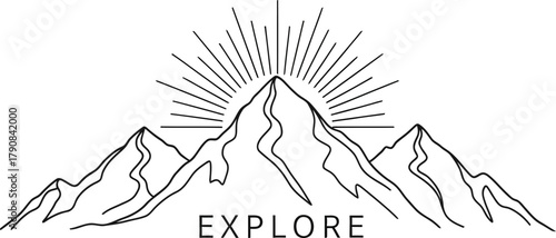 Line art illustration of mountains with a radiant sunburst above, and the word explore below, , inspiring adventure and discovery