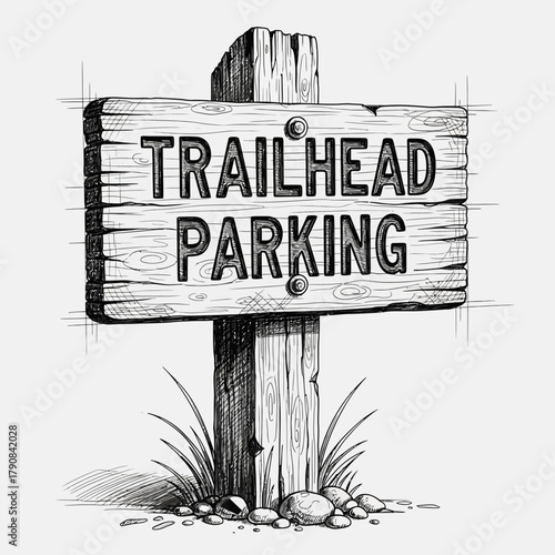 Hand-Drawn Trailhead Parking Sign with Rustic Wood and Sketch Effects